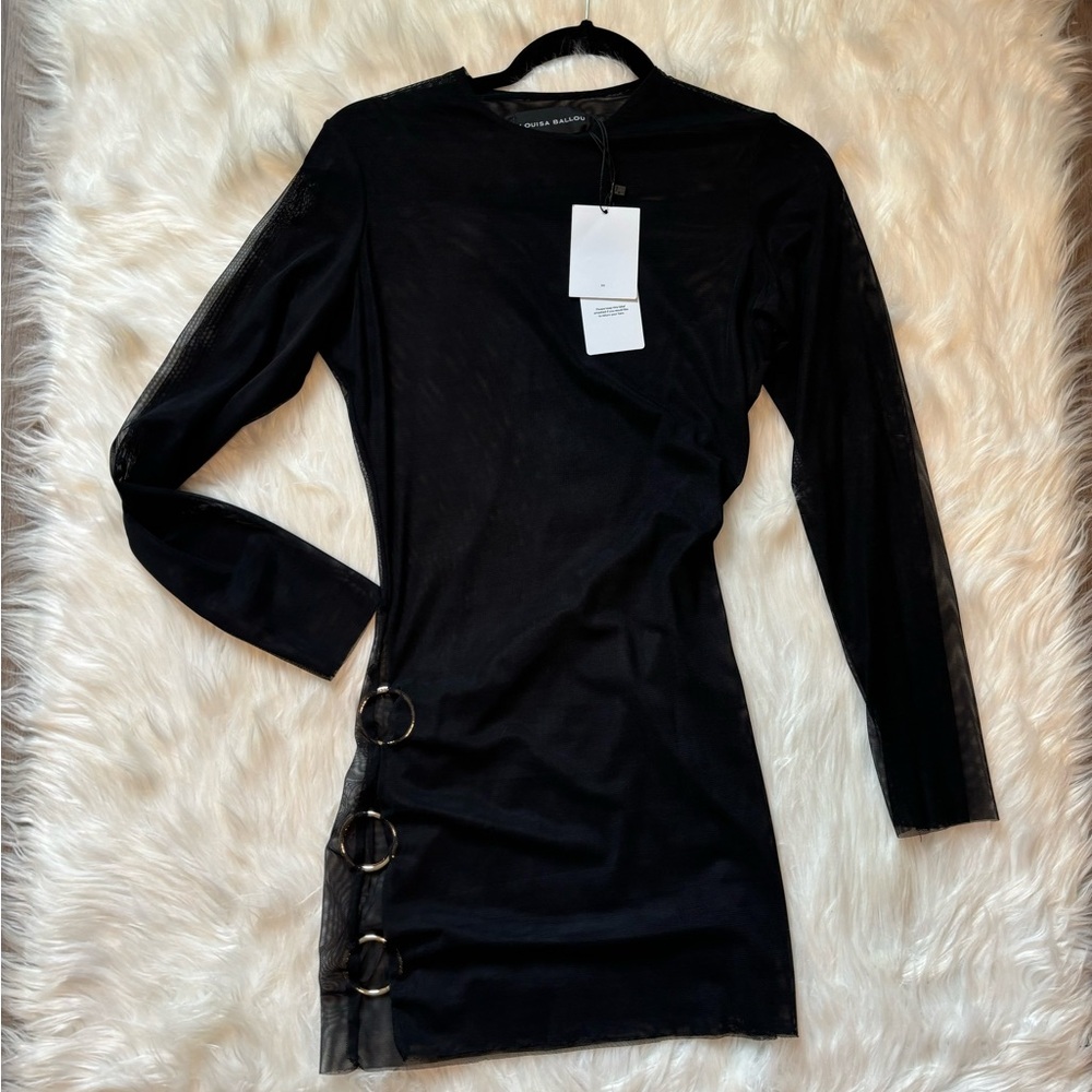 LOUISA BALLOU Black power mesh long sleeve dress with ring detail